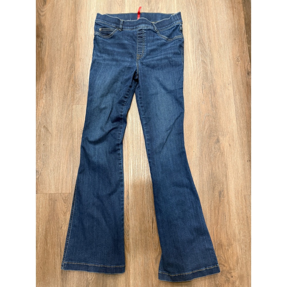 Spanx Flare Jeans‎ Womens Large Dark Indigo Blue High Rise Pull On Stretch Denim